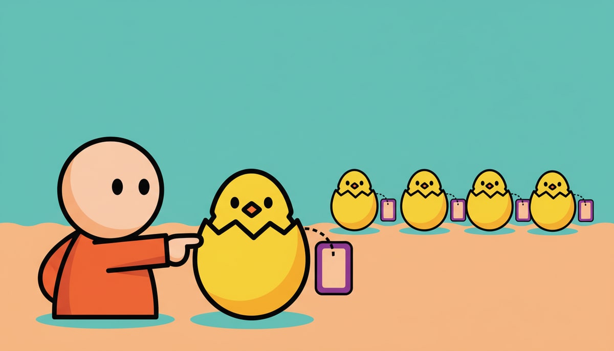 A child points to a newly-hatched chick emerging from an eggshell with a small "Added today" tag, while a row of other identical "Added today" chicks are also pecking out of their shells in the background.
