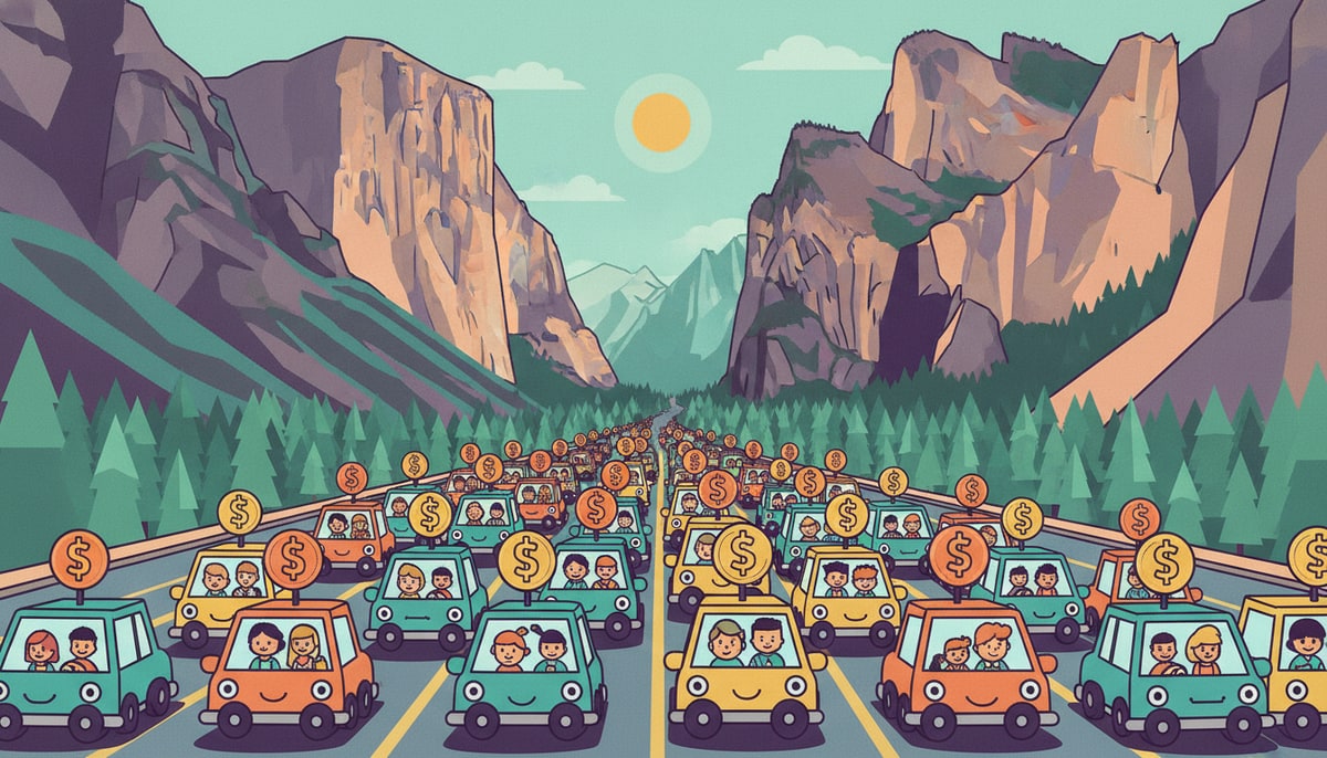 A cartoon Yosemite Valley vista is crammed with a traffic jam of miniature family cars, each with tiny dollar signs floating above their roofs.